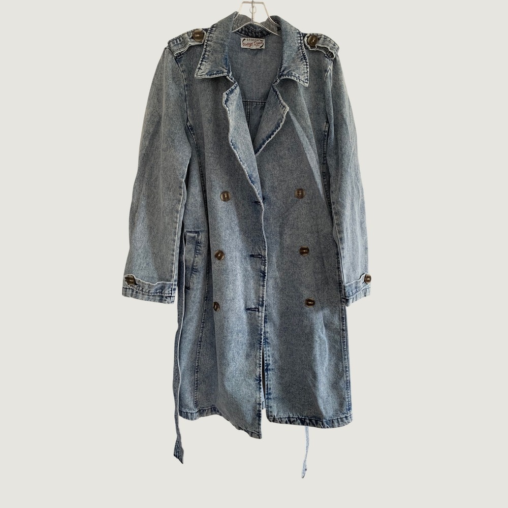 Stoosh Vintage Denim Trench Coat Jacket Acid Wash Tie Belt Belted Womens XL Y2K